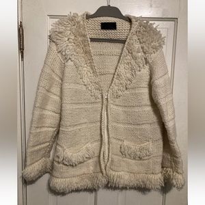 Otavalo Sweater Vintage Wool Full Zip Cardigan Hooded Cream Handmade Jacket Nati